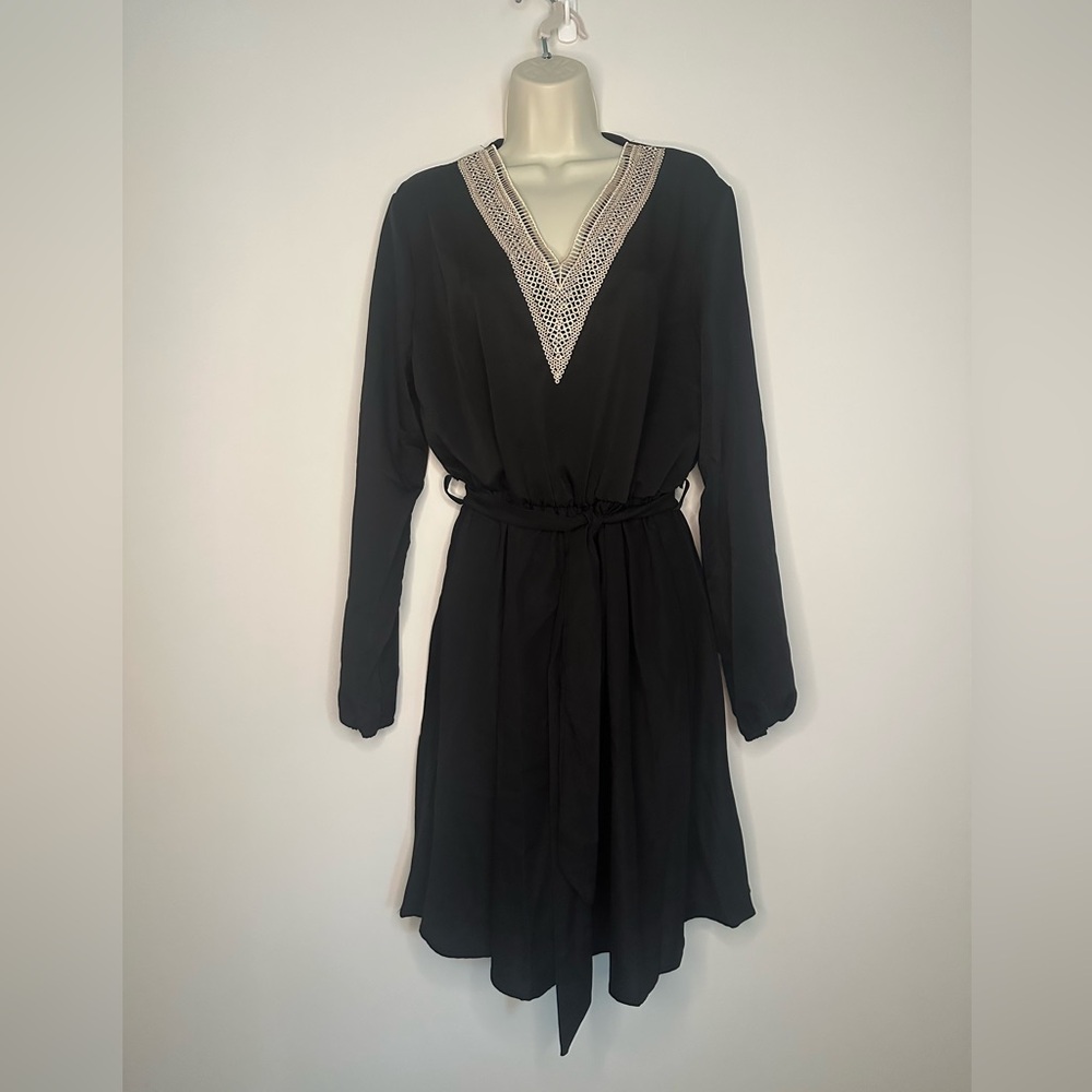 Black Dress with Crochet V-Neck